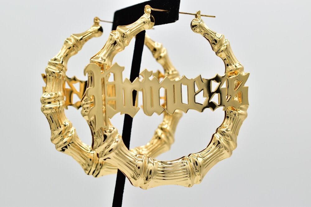Chunky Costume Princess Hoops Gold Tone Bamboo Cursive Thick Huge Metal Bin1